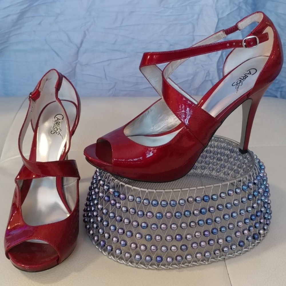 Strappy, dark red patent heels